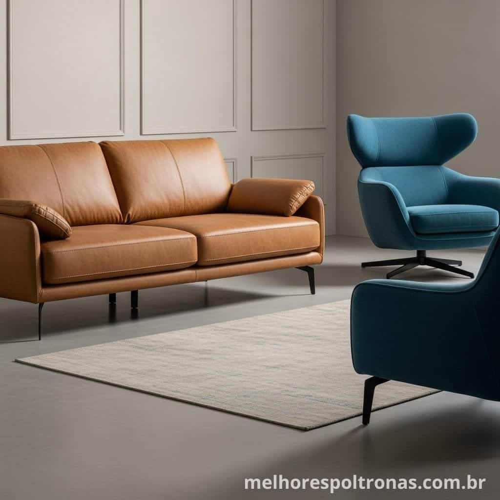Exemplo de contraste moderno entre um sofá de couro caramelo e poltronas de destaque na cor azul marinho.