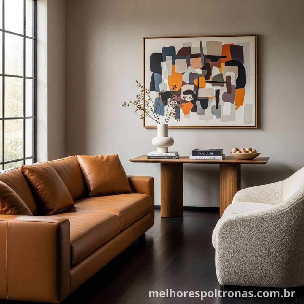 Decoração com combinação monocromática de um sofá caramelo com uma poltrona de tecido bouclé em tom similar.