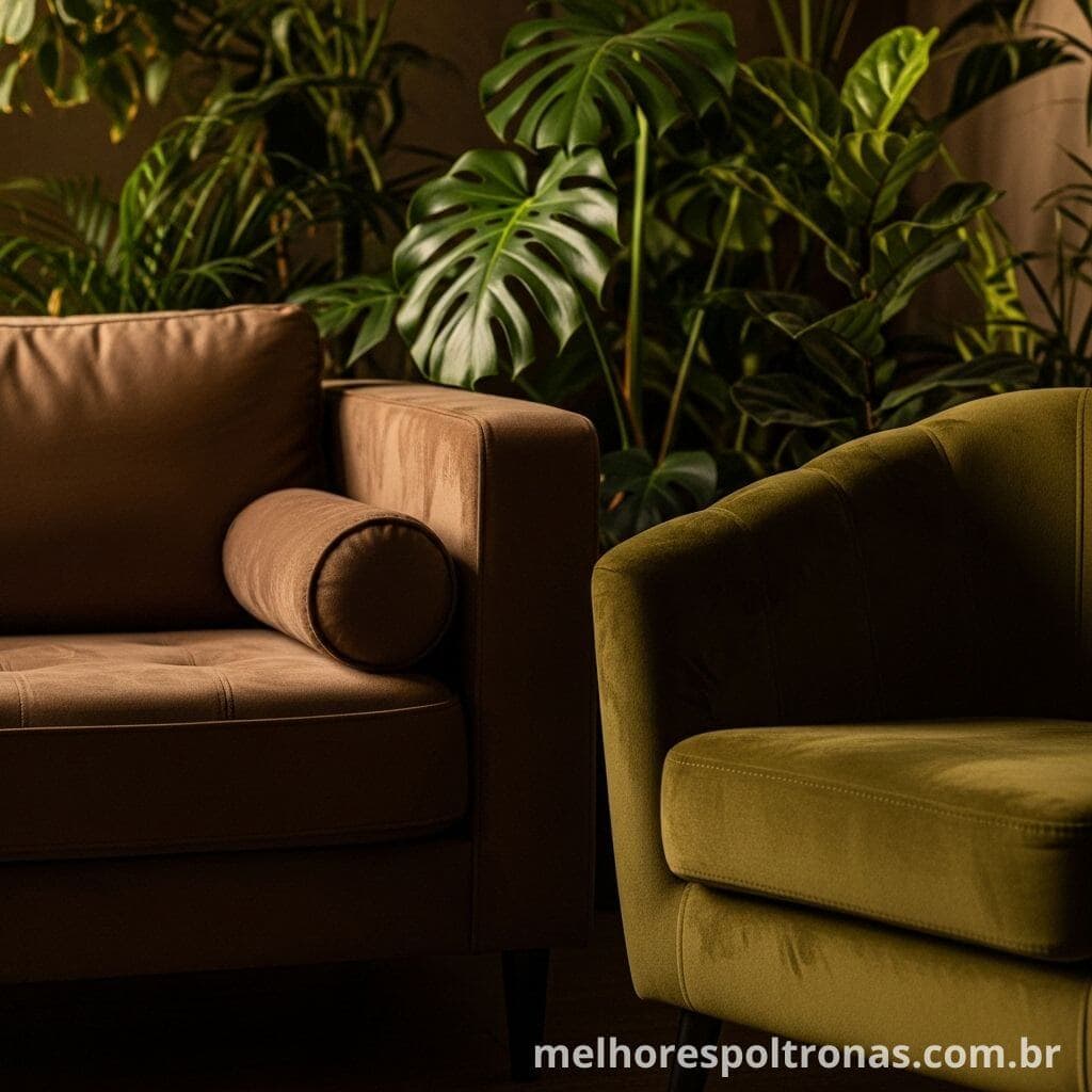 Combinação de tons terrosos com um sofá marrom e uma poltrona de veludo na cor verde musgo.