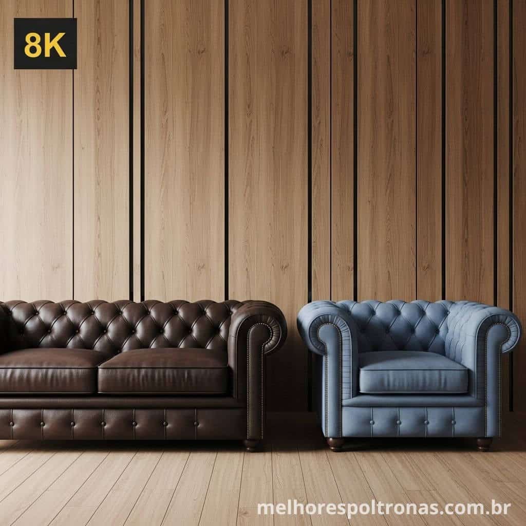 Decoração clássica e equilibrada combinando um sofá de couro marrom com uma poltrona de tecido na cor azul petróleo.