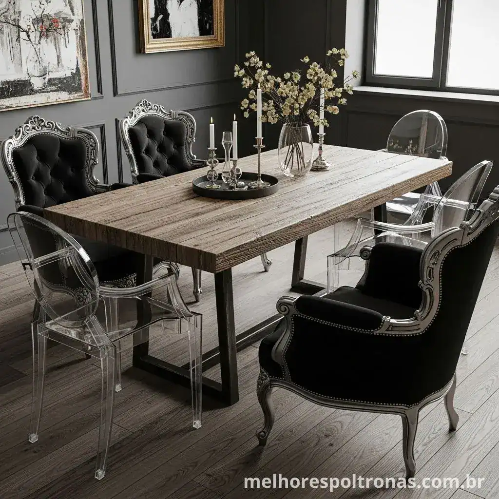 Sala de jantar eclética misturando mesa rústica, cadeiras de acrílico modernas e poltronas de cabeceira clássicas.
