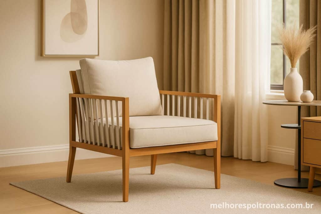 Poltrona decorativa aconchegante de linho e madeira, criando um ambiente de conforto e elegância na sala de estar.