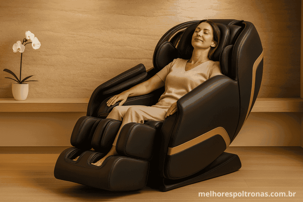 Mulher recebendo uma massagem terapêutica em uma poltrona de luxo, uma das melhores soluções para dor nas costas.