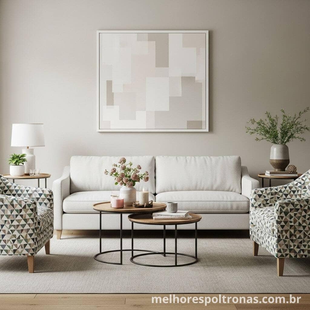 Exemplo de sala com um sofá branco liso e um par de poltronas com estampa geométrica.