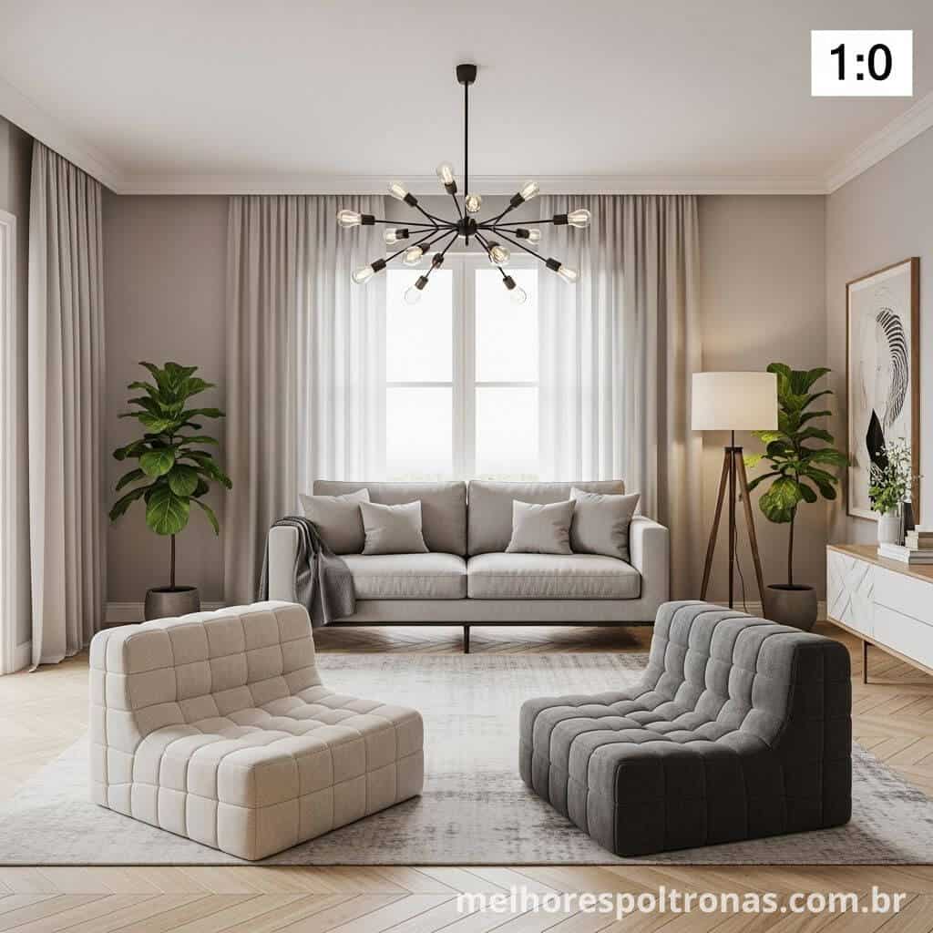 Layout de sala de estar simétrico com um sofá de frente para um par de poltronas idênticas.
