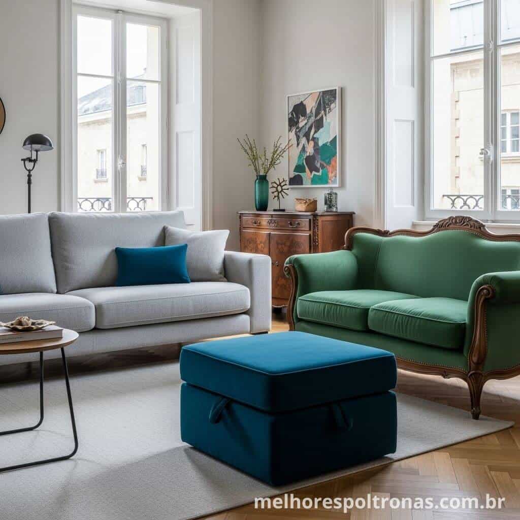 Sala de estar com sofá cinza e poltrona clássica verde, unidos por um puff azul que conecta as cores.