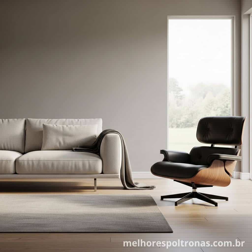 Decoração de alto nível combinando um sofá minimalista moderno com uma poltrona de design clássico Eames.