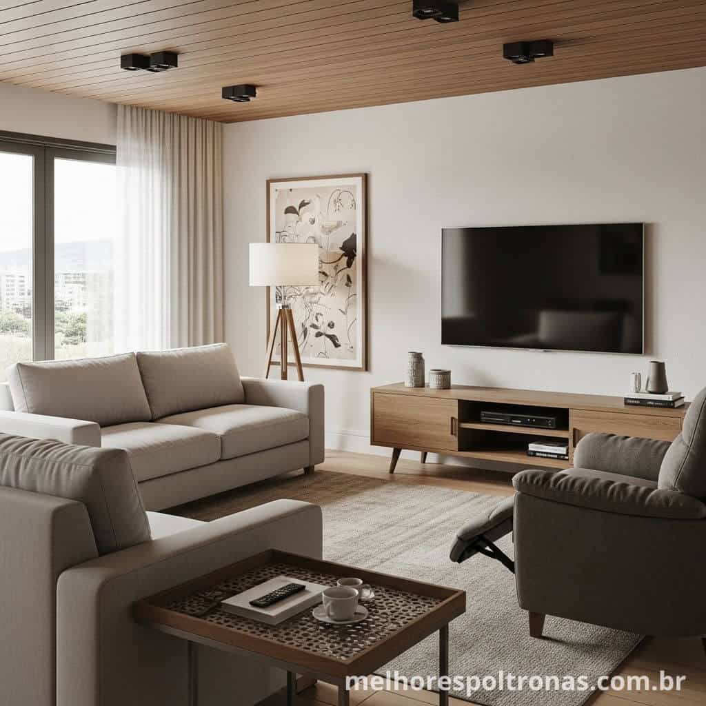 Sala de TV funcional combinando um sofá tradicional com uma confortável poltrona reclinável.