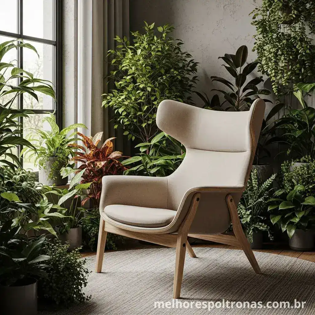 Uma poltrona de design bege em um canto, cercada por plantas, criando um refúgio "urban jungle" em casa.