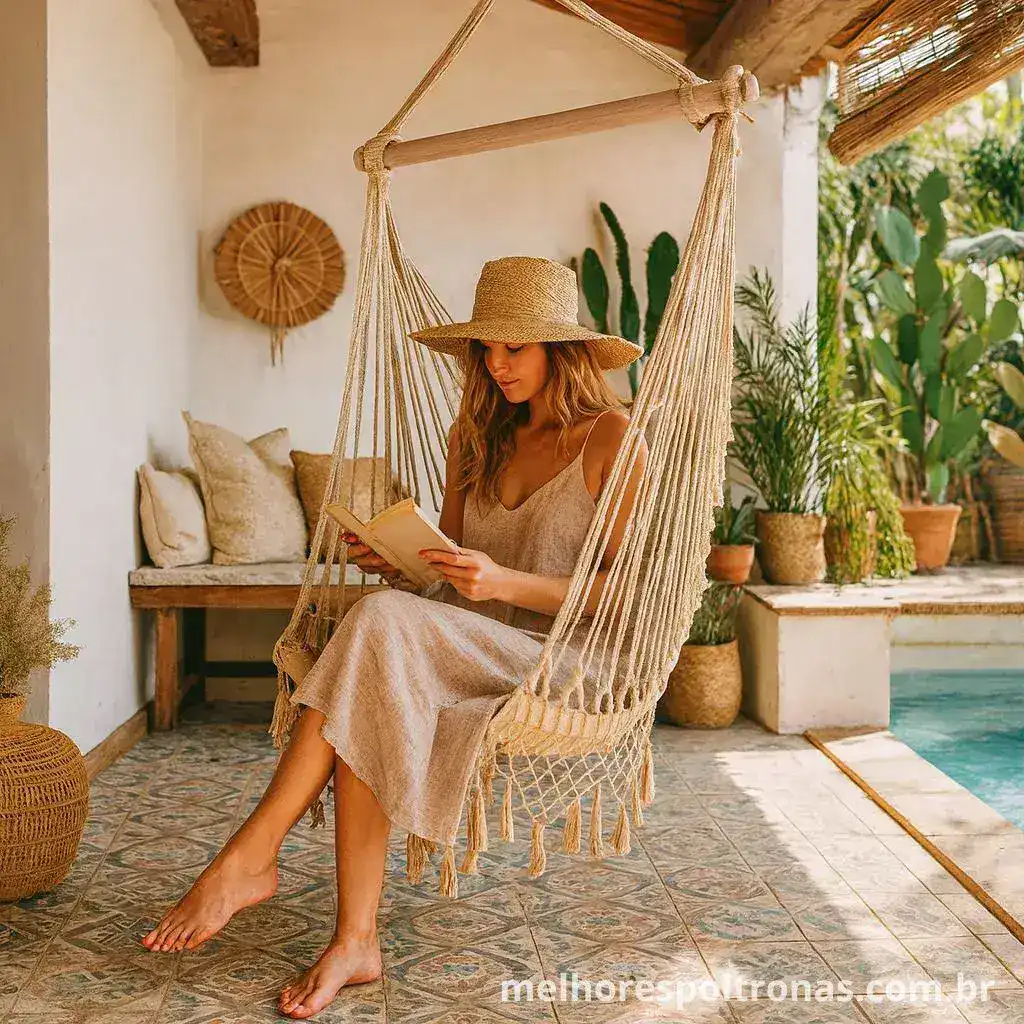 Cadeira suspensa de balanço em cordas, a opção de design "boho chique" para criar um refúgio de relaxamento.