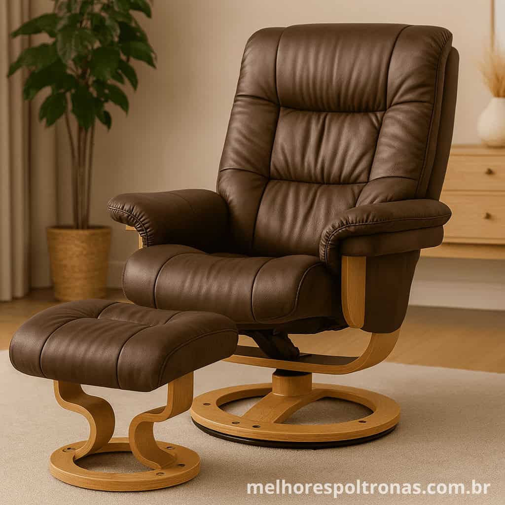Poltrona de design Minnesota com função de massagem e puff, unindo o estilo icônico com o conforto relaxante.