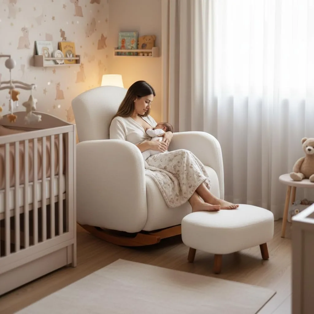 Mãe amamentando bebê em poltrona orgânica off white com balanço, indicada para uso na maternidade.