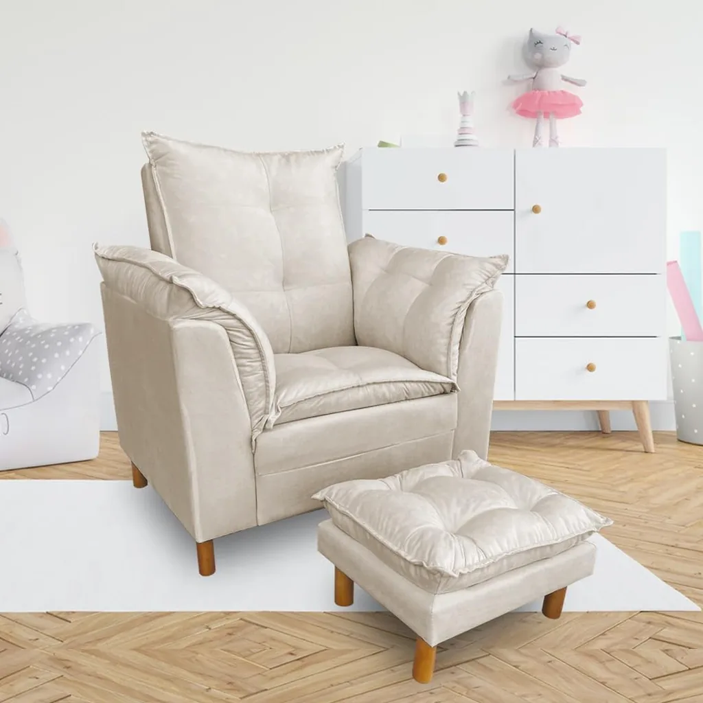 Poltrona de Amamentação em Suede com Puff Bege