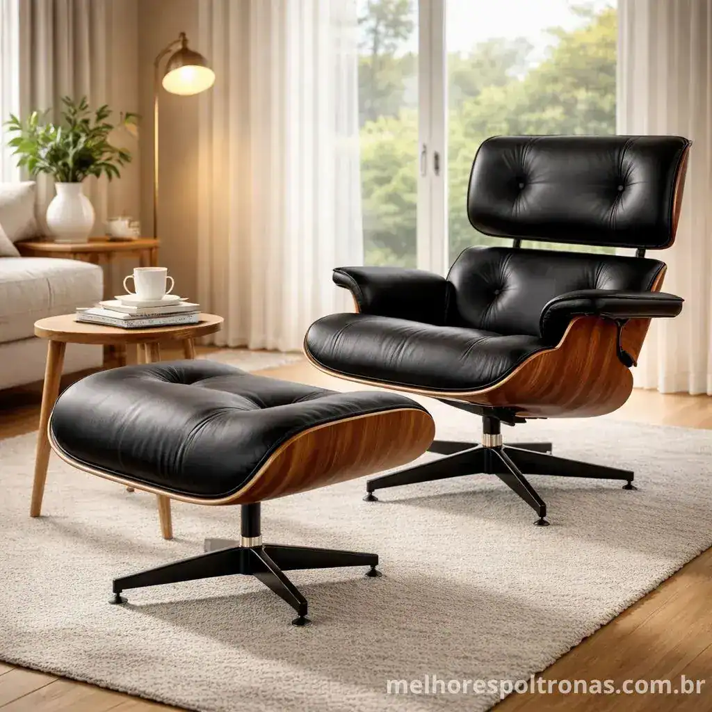 Poltrona Eames Lounge Chair em couro preto e madeira imbuia, com puff, posicionada em escritório de luxo com luz natural