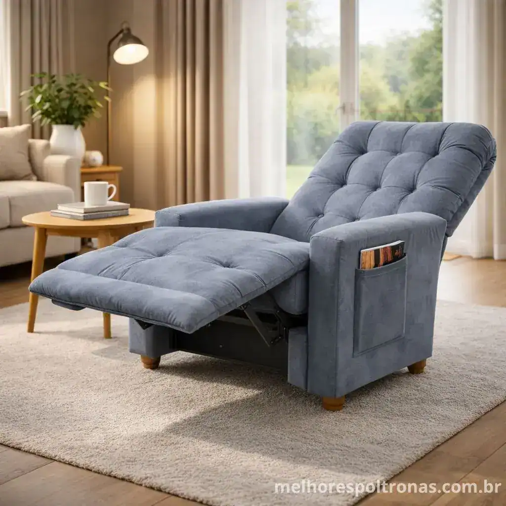Poltrona reclinável estofada em tecido azul com bolsos laterais, mecanismo de balanço e suporte para os pés em sala de TV