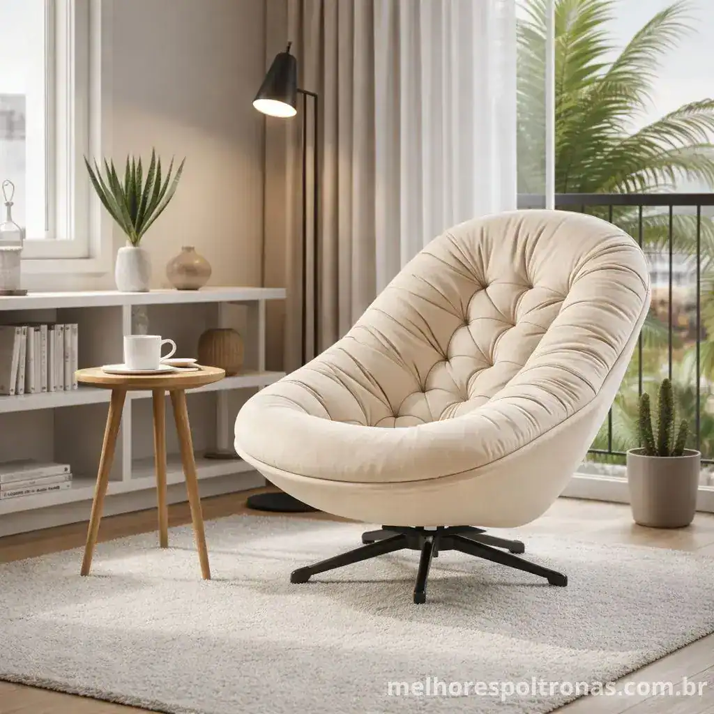 Poltrona decorativa Ibiza em veludo bege, design ergonômico com base giratória preta e balanço em sala de estar moderna com luz natural.