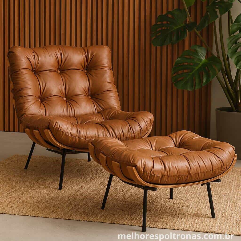 A melhor réplica da Poltrona Costela com puff, em couro caramelo, a versão mais bem avaliada para comprar online.