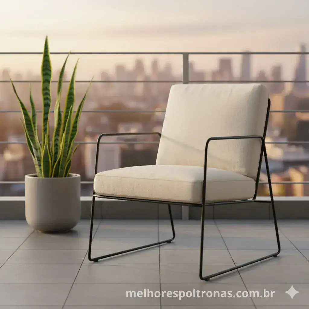 Poltrona de design "slim" com estrutura de metal fina em uma sacada com decoração minimalista.
