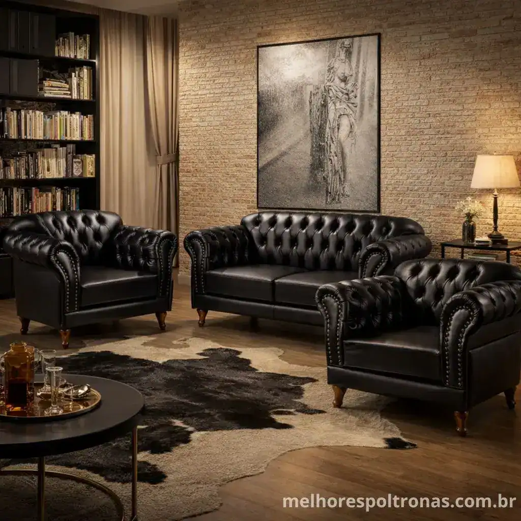 Conjunto de poltronas e sofá chesterfield em couro preto, estilo vintage retrô, ideal para salas amplas e sofisticadas