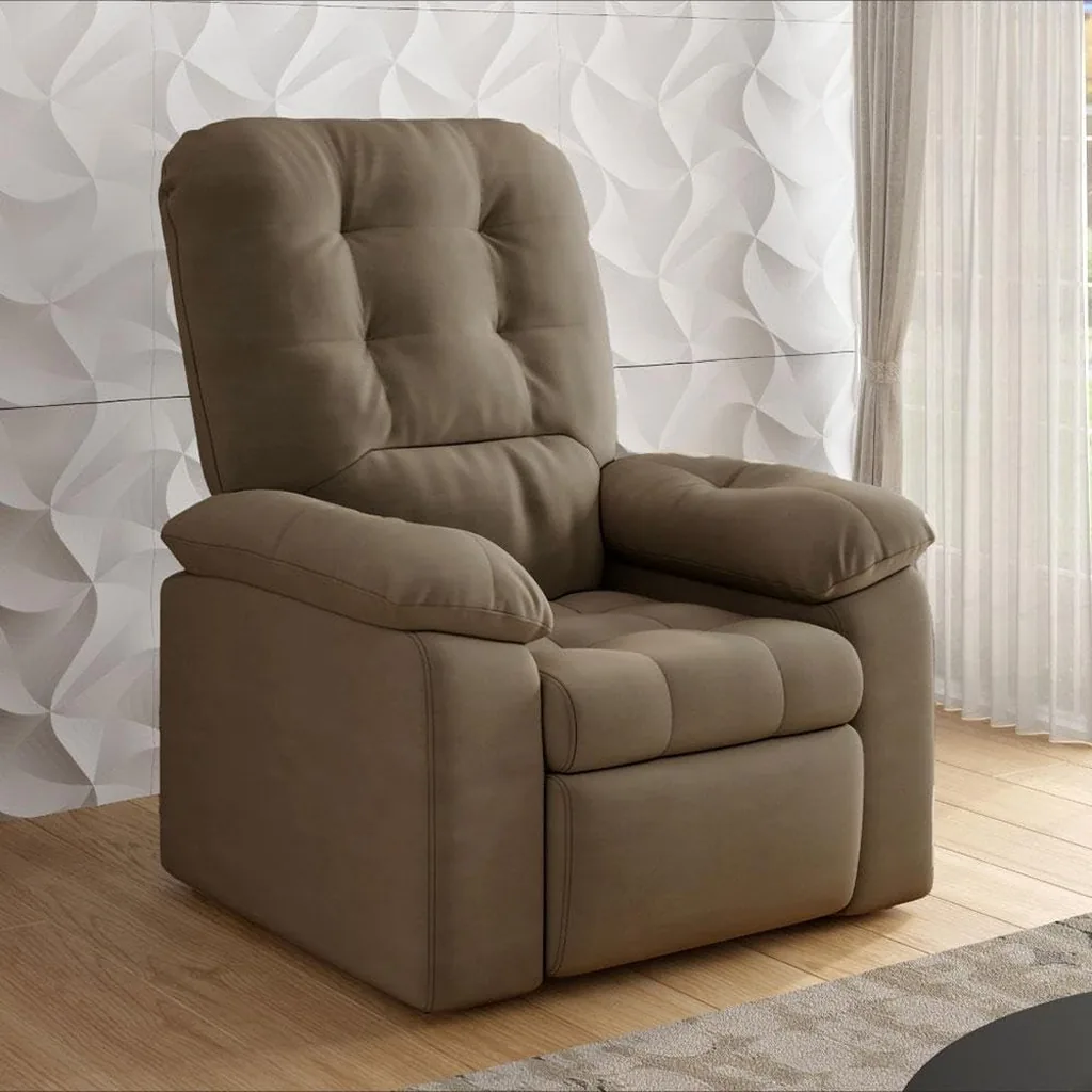 Poltrona do Papai reclinável em suede bege capuccino, ideal para maratonas assistindo TV.