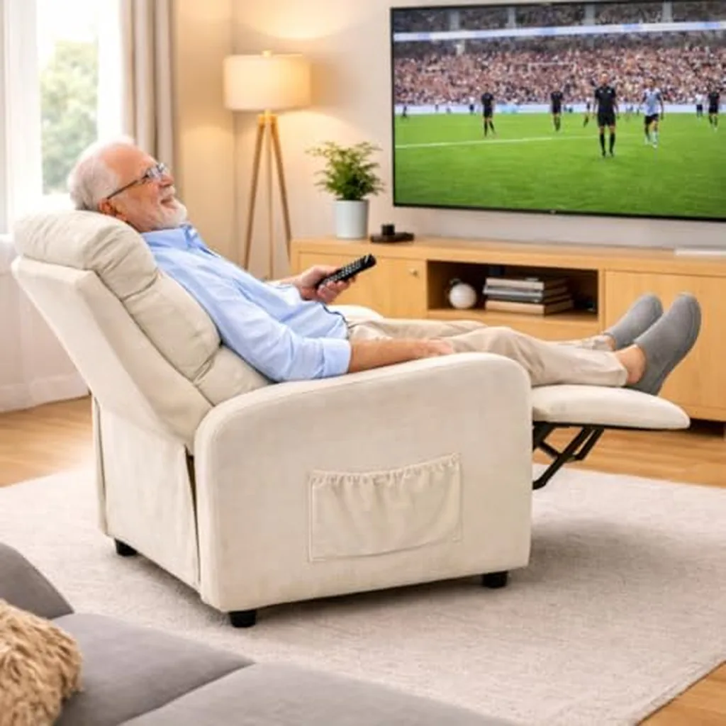 Poltrona reclinável em veludo macio bege, com apoio para os pés, ideal para assistir TV com conforto.