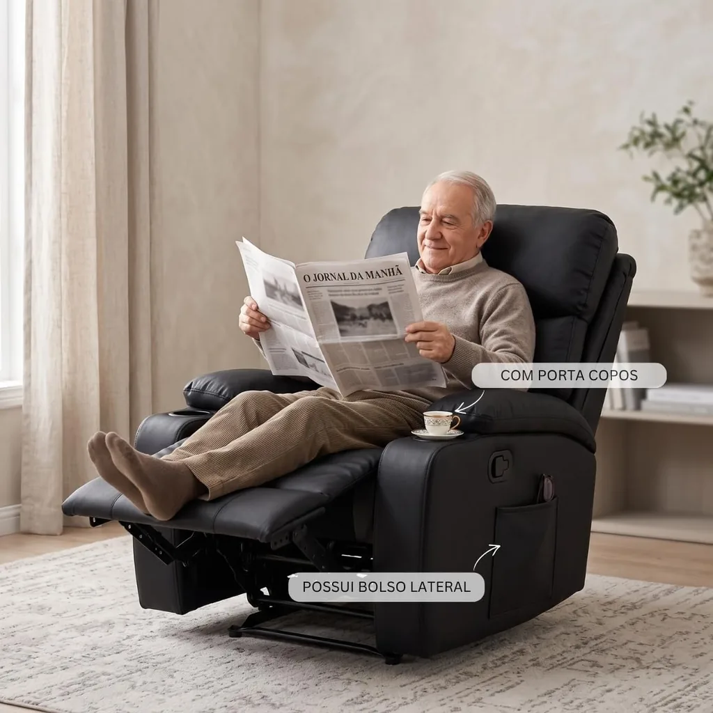 Poltrona do Papai reclinável em couro preto com porta-copos integrado e bolso lateral, ideal para o cinema em casa.