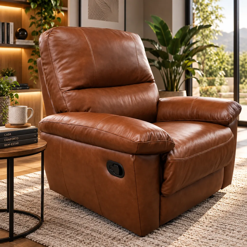 Poltrona do Papai em couro genuíno conhaque com brilho, mecanismo glider, ideal para sala de TV premium.