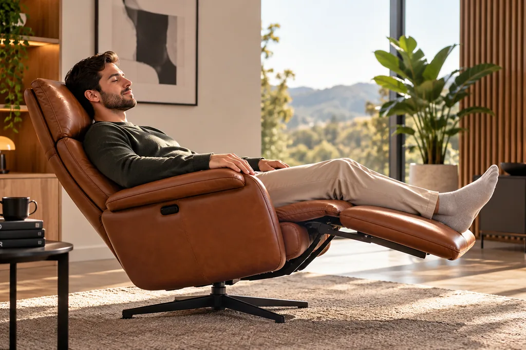 Homem relaxando em poltrona reclinável de couro caramelo com vista para a natureza, demonstrando o design moderno e o conforto premium das reclináveis atuais.