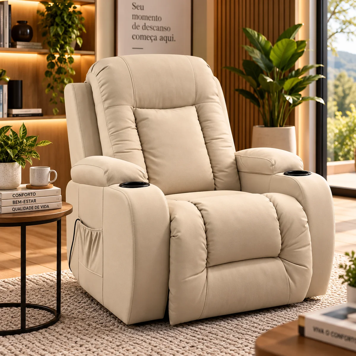 Poltrona reclinável elétrica bege com massagem, aquecimento e elevação assistida, ideal para idosos, em ambiente de sala aconchegante