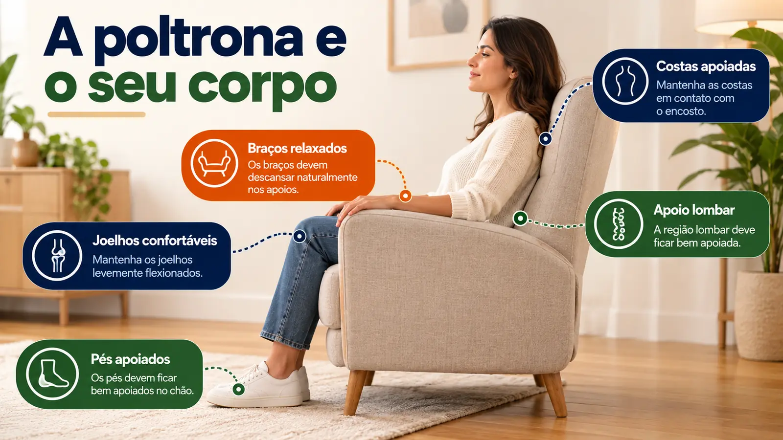 Mulher sentada em uma poltrona com indicações dos pontos de contato com o corpo: costas apoiadas no encosto, braços relaxados nos apoios, apoio lombar, joelhos levemente flexionados e pés bem apoiados no chão.