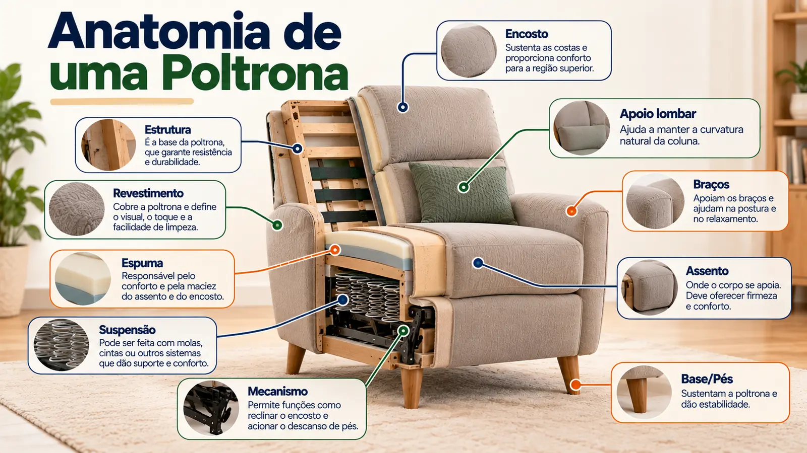 Ilustração em corte de uma poltrona mostrando em camadas a estrutura interna, a suspensão, a espuma, o assento, o apoio lombar, o encosto, os braços, a base/pés, o mecanismo de reclinação e o revestimento externo.