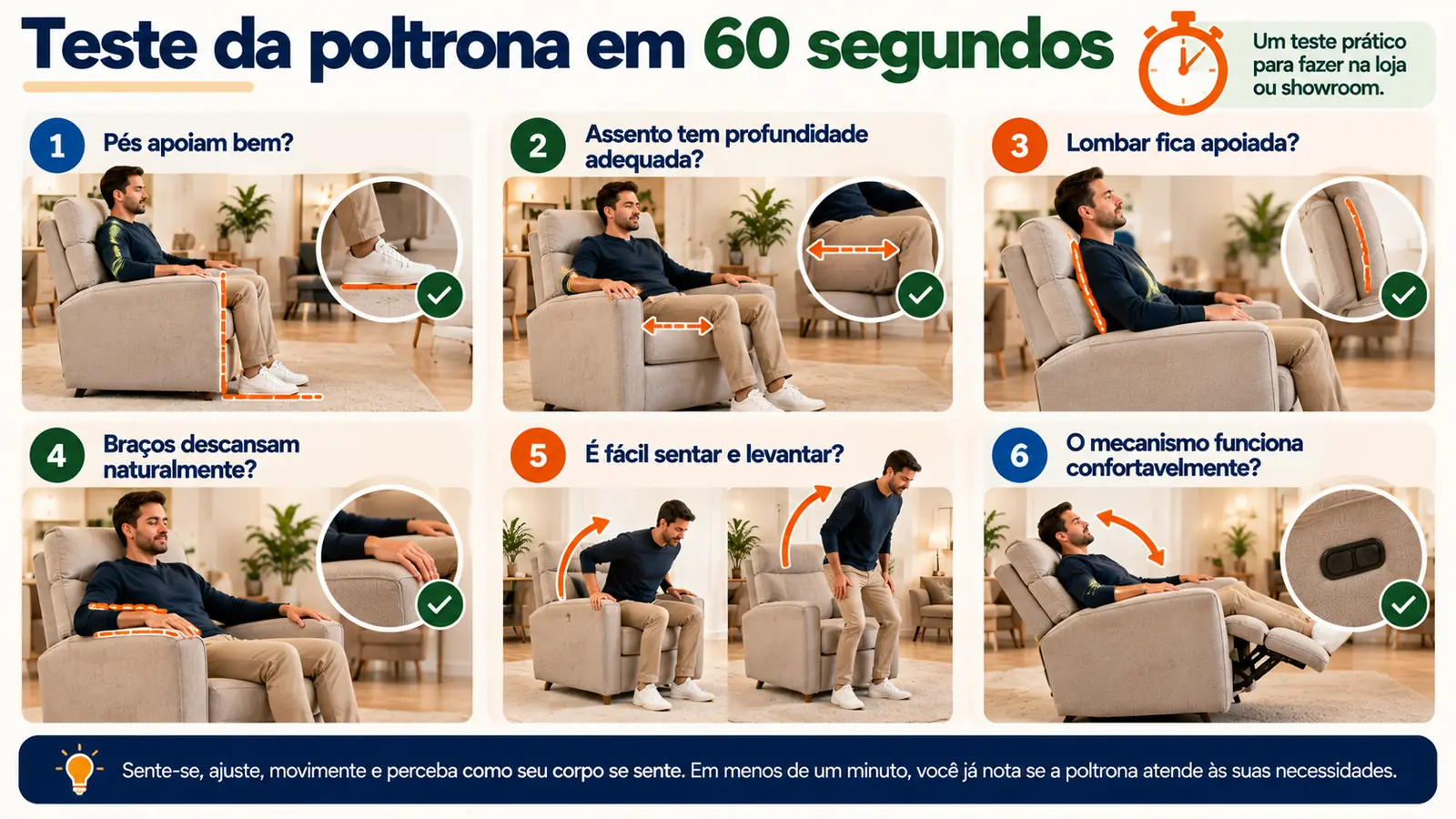 Sequência ilustrada de seis perguntas para testar uma poltrona: se os pés apoiam bem, se o assento tem profundidade adequada, se a lombar fica apoiada, se os braços descansam naturalmente, se é fácil sentar e levantar, e se o mecanismo funciona confortavelmente.