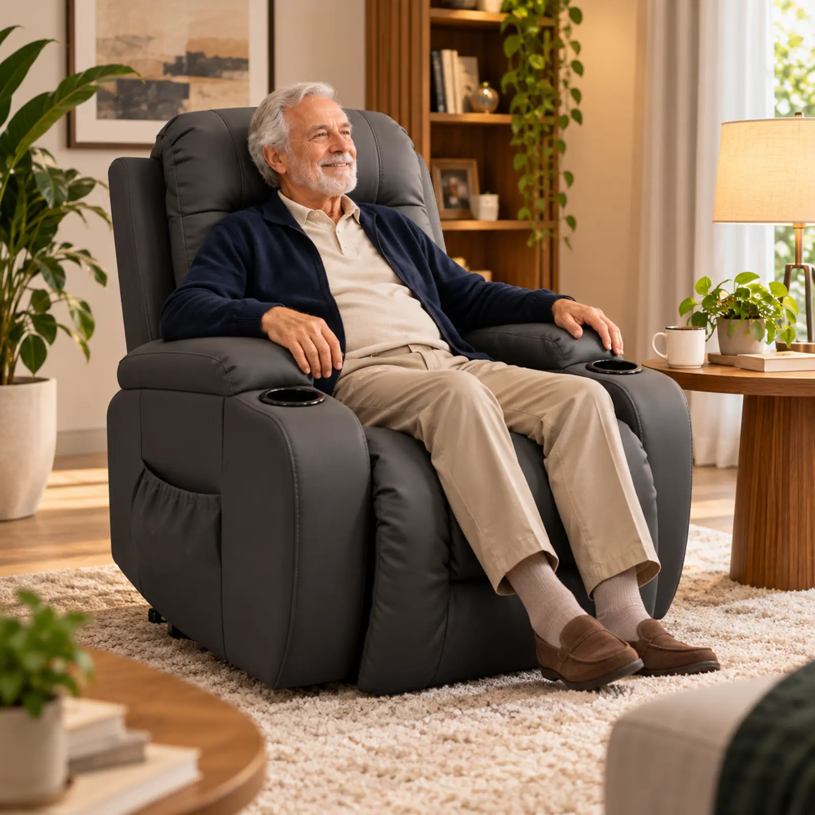 Poltrona reclinável cinza-chumbo com sistema de elevação Lift, massagem e porta-copos, ideal para idosos com mobilidade reduzida.