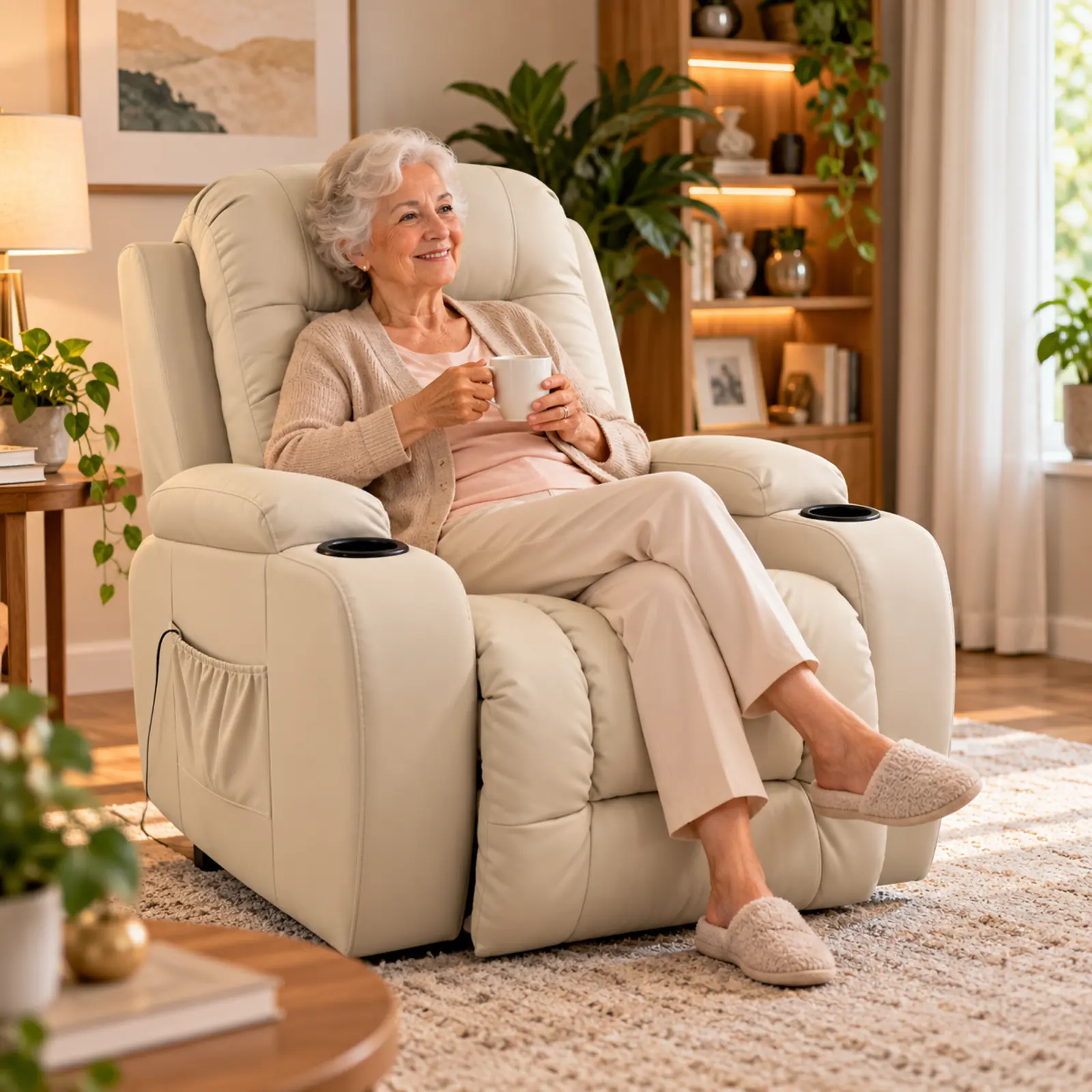 Poltrona reclinável bege com sistema de elevação Lift, massagem e porta-copos, modelo mais vendido entre as poltronas reclináveis para idosos.