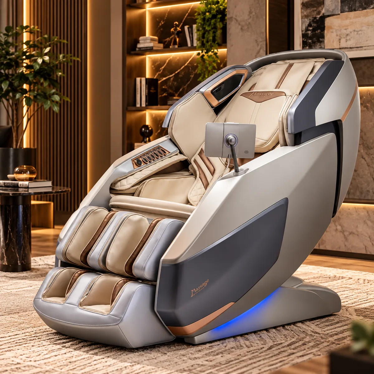 Poltrona de massagem Ultimate Massage Express em bege, estrutura robusta para uso comercial