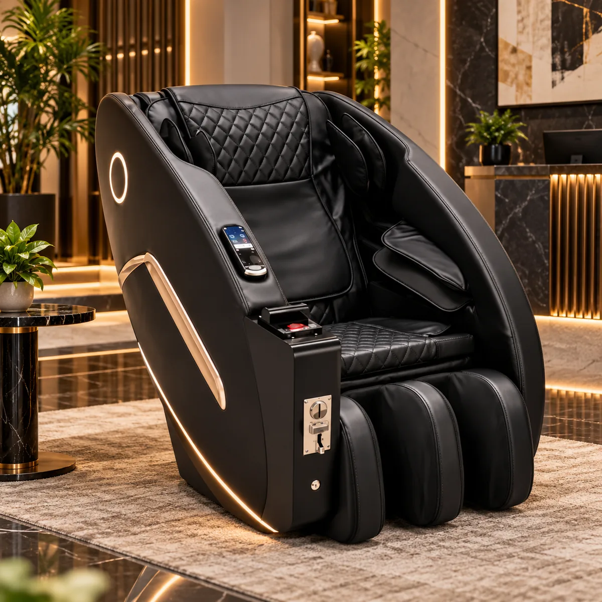 Poltrona de massagem comercial Sl-track preta, modo automático, em ambiente de recepção
