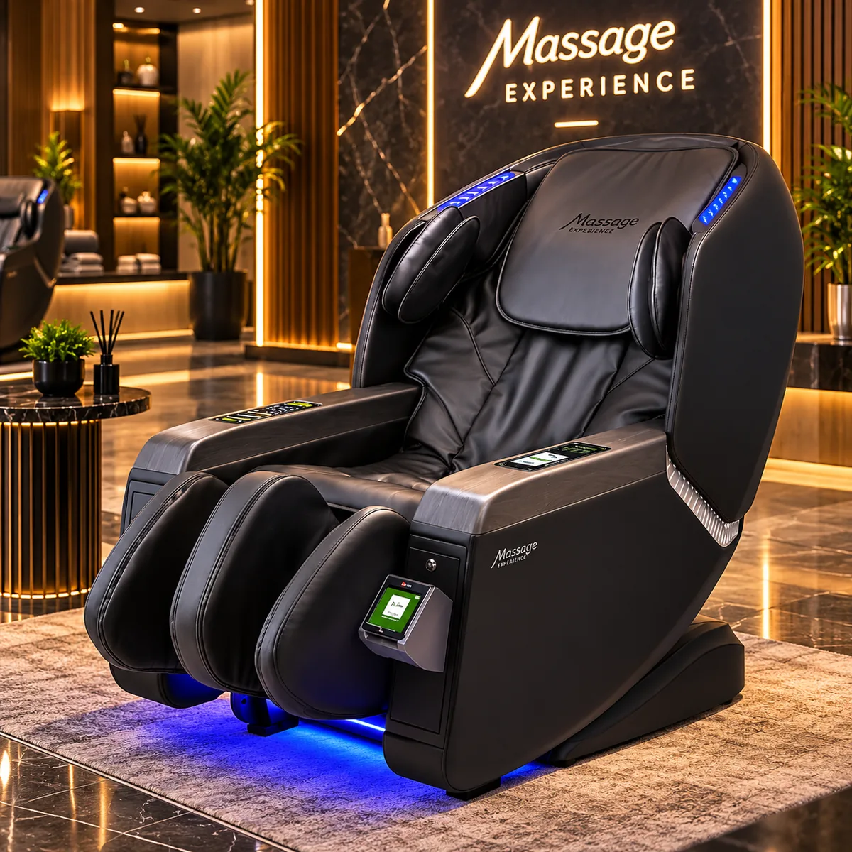 Poltrona de massagem Freedom Massage Express preta com acabamento profissional e iluminação de LED
