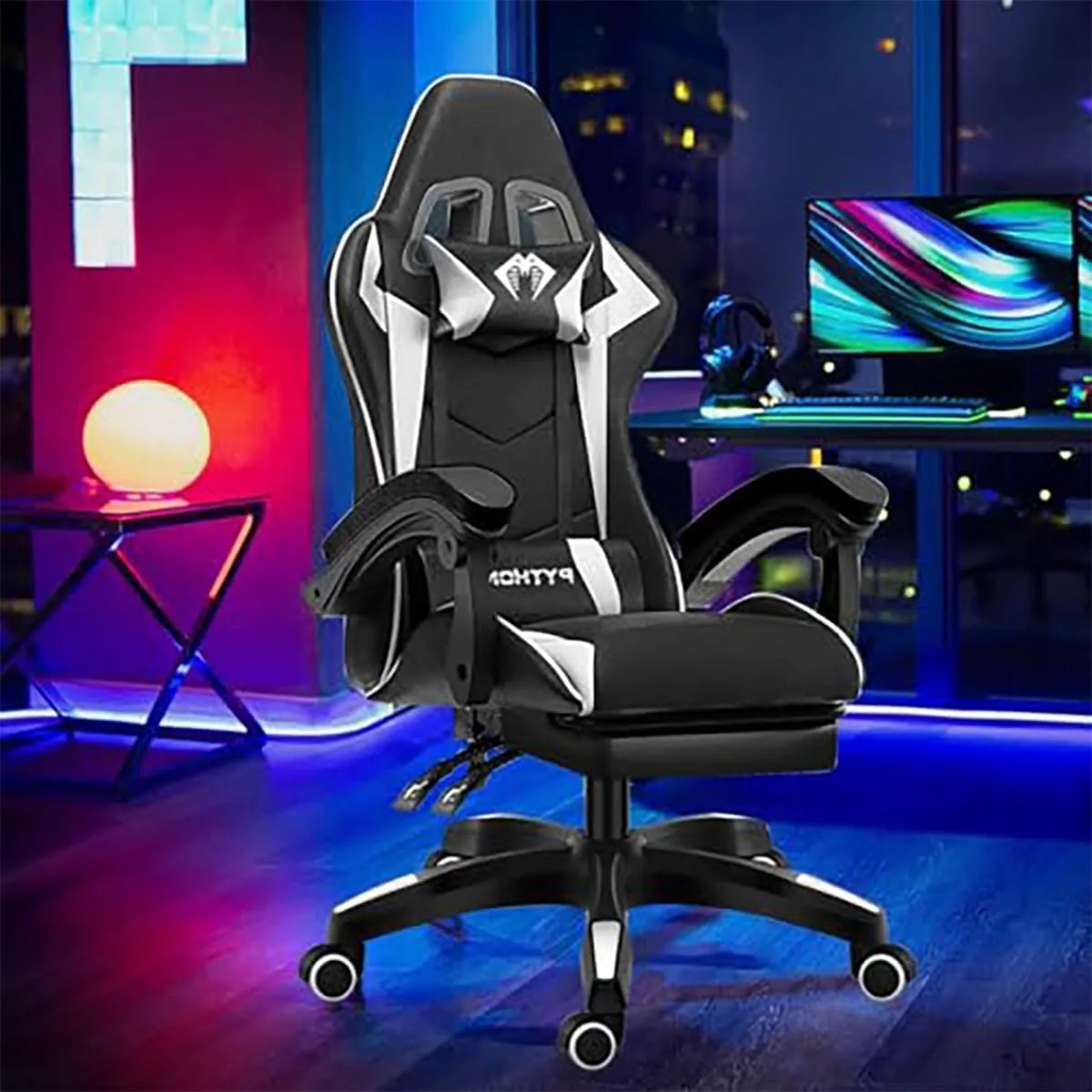Cadeira ergonômica gamer com apoio para os pés em branco