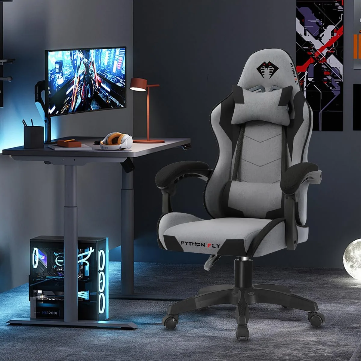 Cadeira gamer Python Fly em tecido respirável cinza escuro