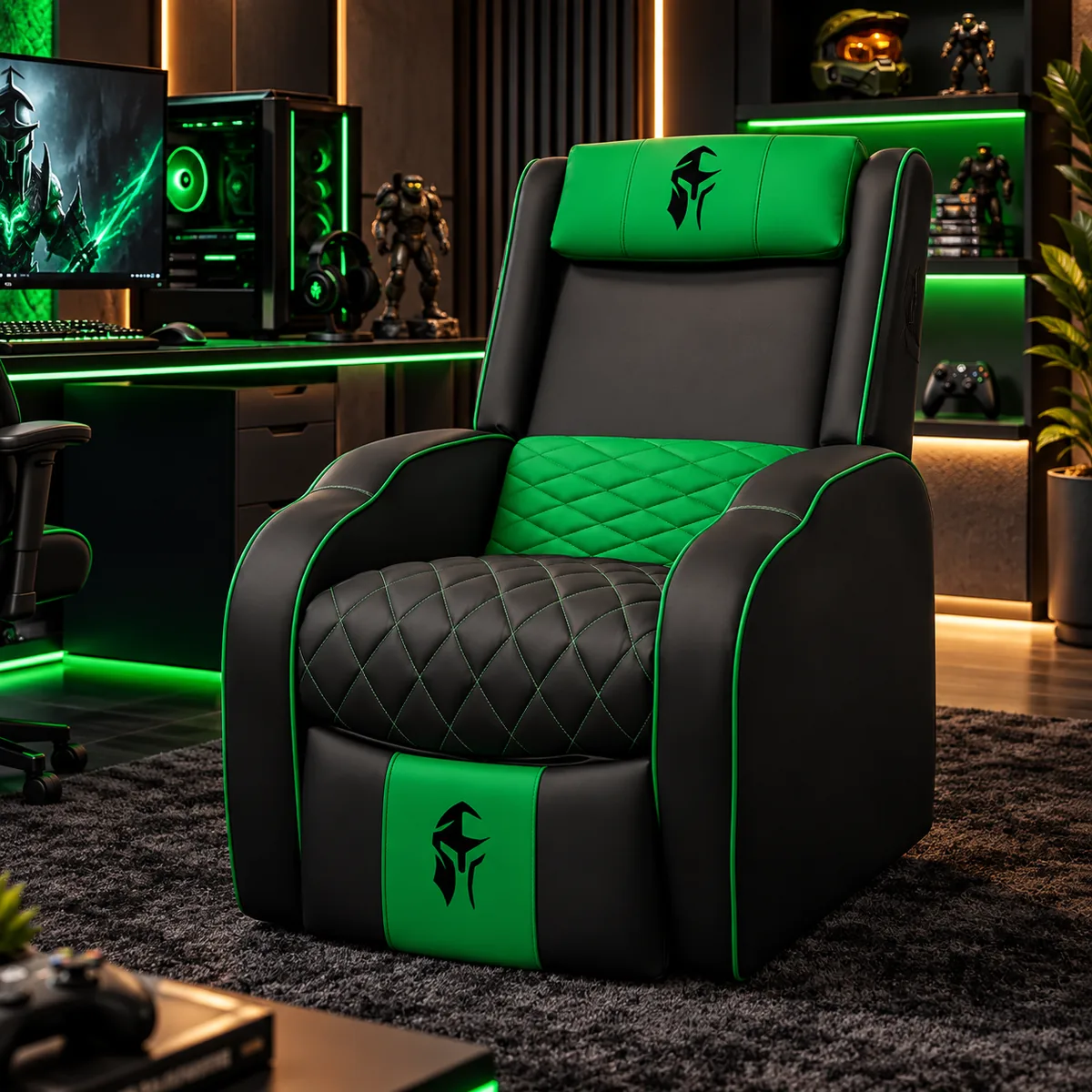 Poltrona gamer Troia Streammer reclinável com massagem, cor preto e verde, acabamento em corino