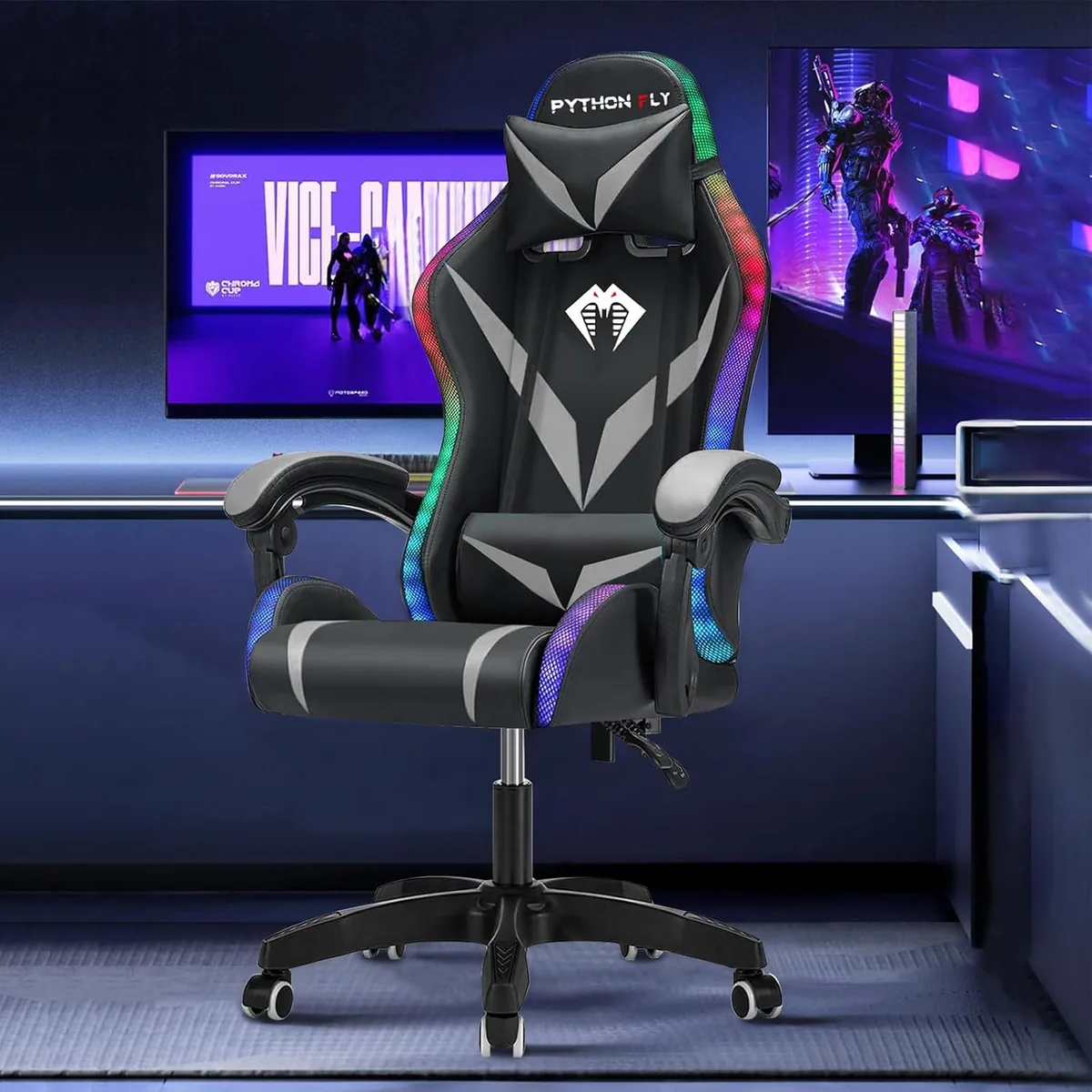 Cadeira gamer Python Fly com iluminação decorativa RGB, design reclinável para setup gamer