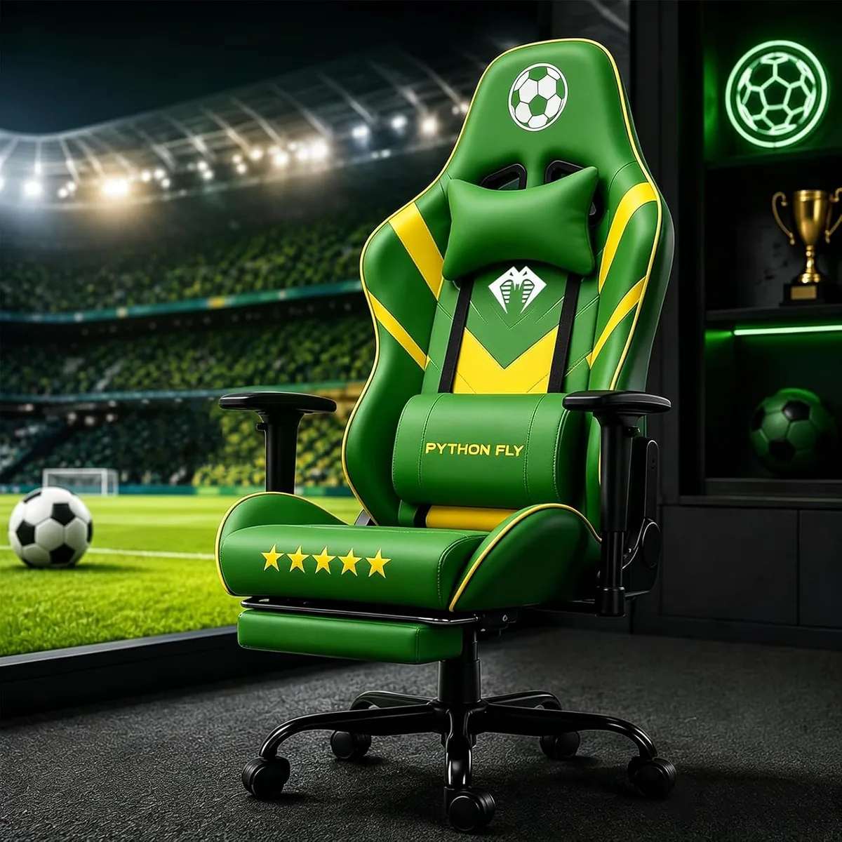 Cadeira gamer estilo futebol, design esportivo verde e amarelo, com ajuste de inclinação controlado