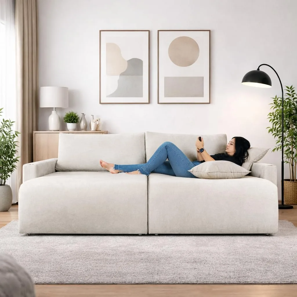 Sofá Cama Retrátil Milão em linho bege, 2,20 metros, o melhor sofá-cama para receber visitas.