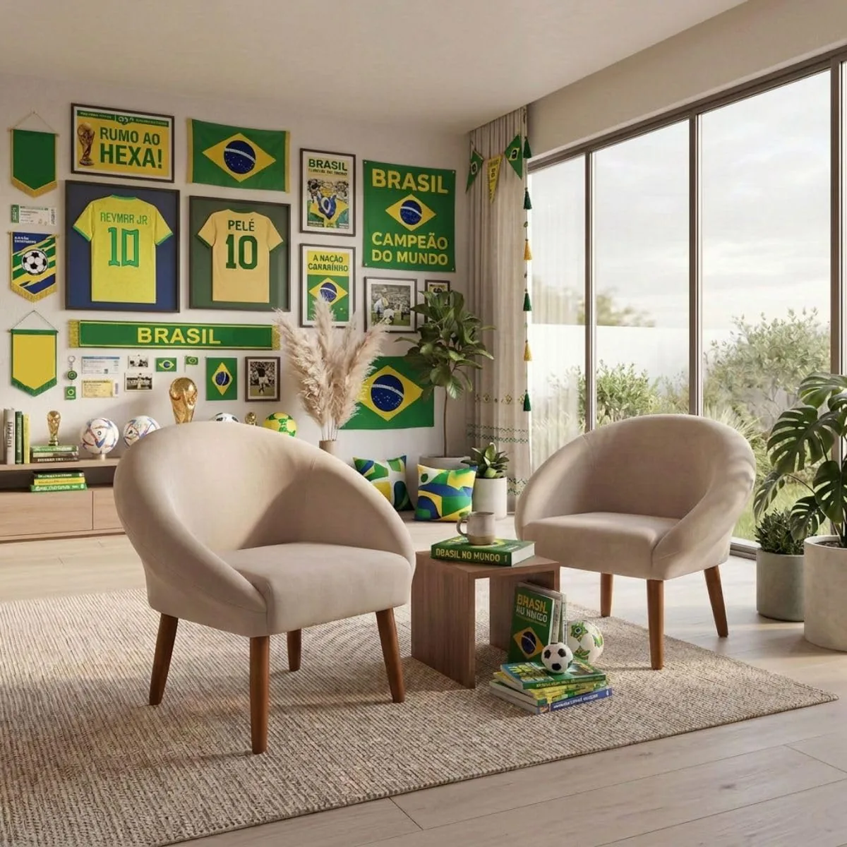 Kit de duas poltronas decorativas bege com pés palito de madeira, lado a lado em ambiente de recepção.