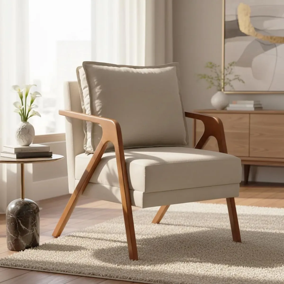 Poltrona decorativa Shine em suede bege, com braços em madeira maciça diagonal e almofada avulsa.