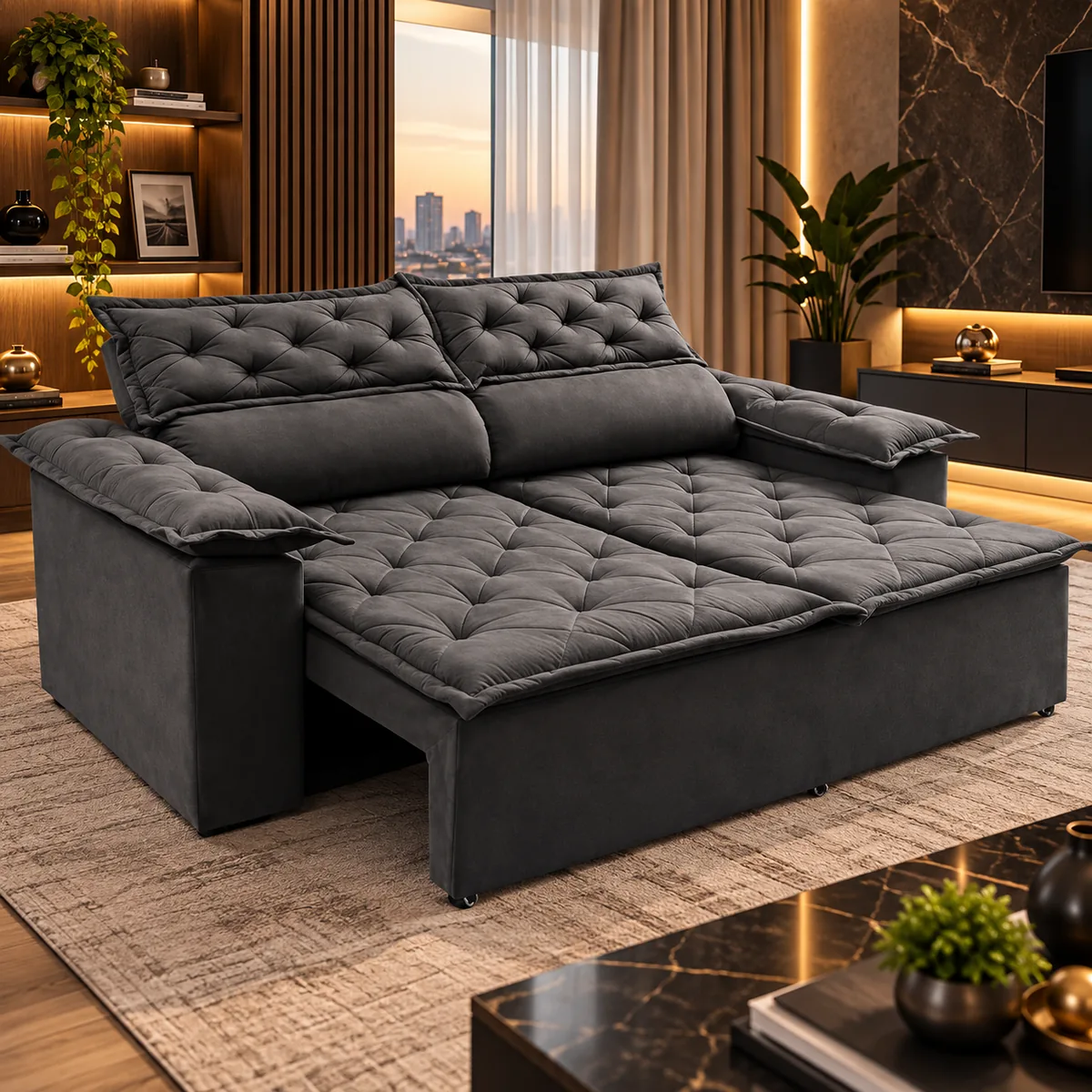 Sofá retrátil e reclinável cinza, modelo Cama Inbox, com assentos amplos e acolchoados em ambiente de sala sofisticado.