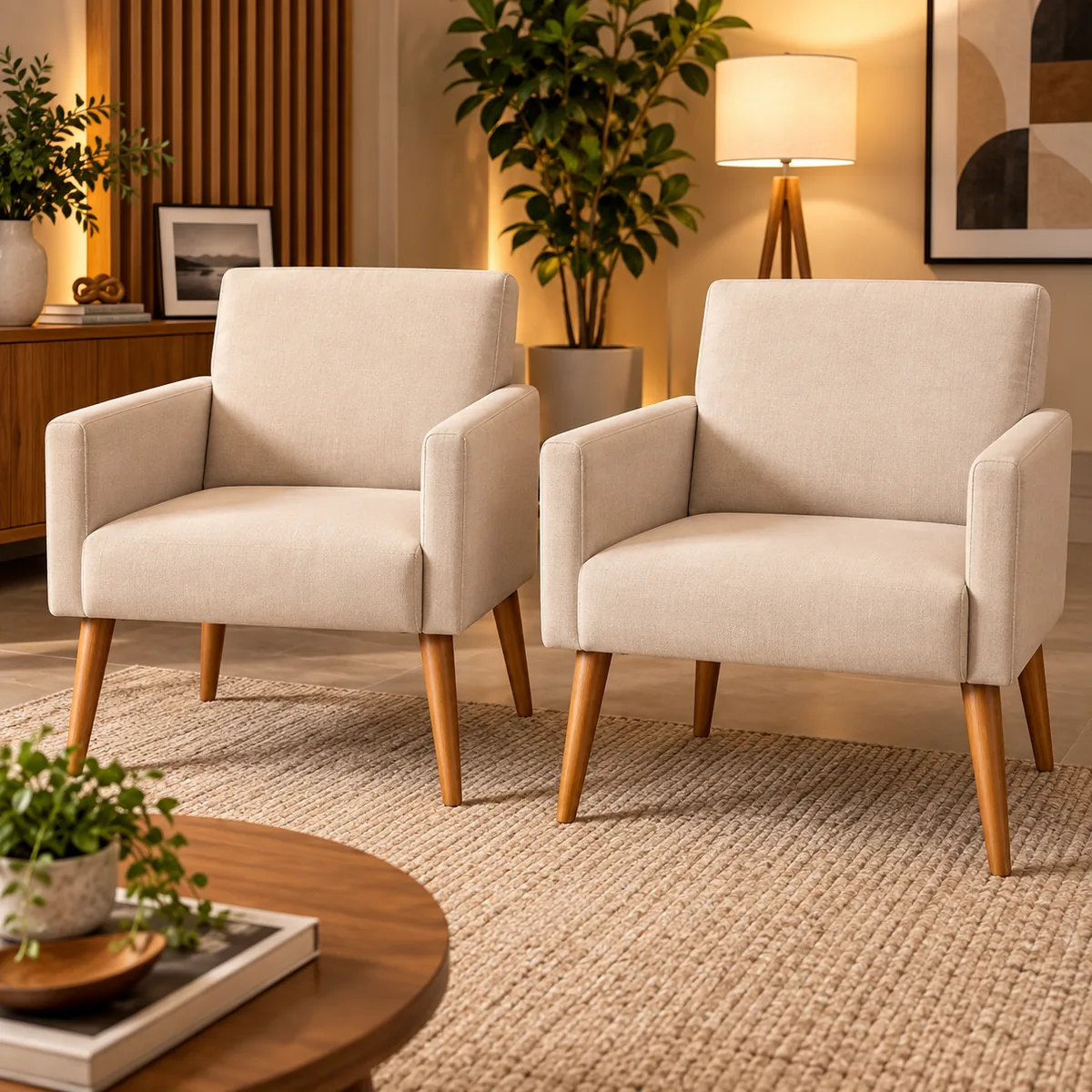 Kit de 2 poltronas decorativas bege com pés de madeira, estilo moderno, a opção com melhor custo-benefício e mais bem avaliada para salas de estar.