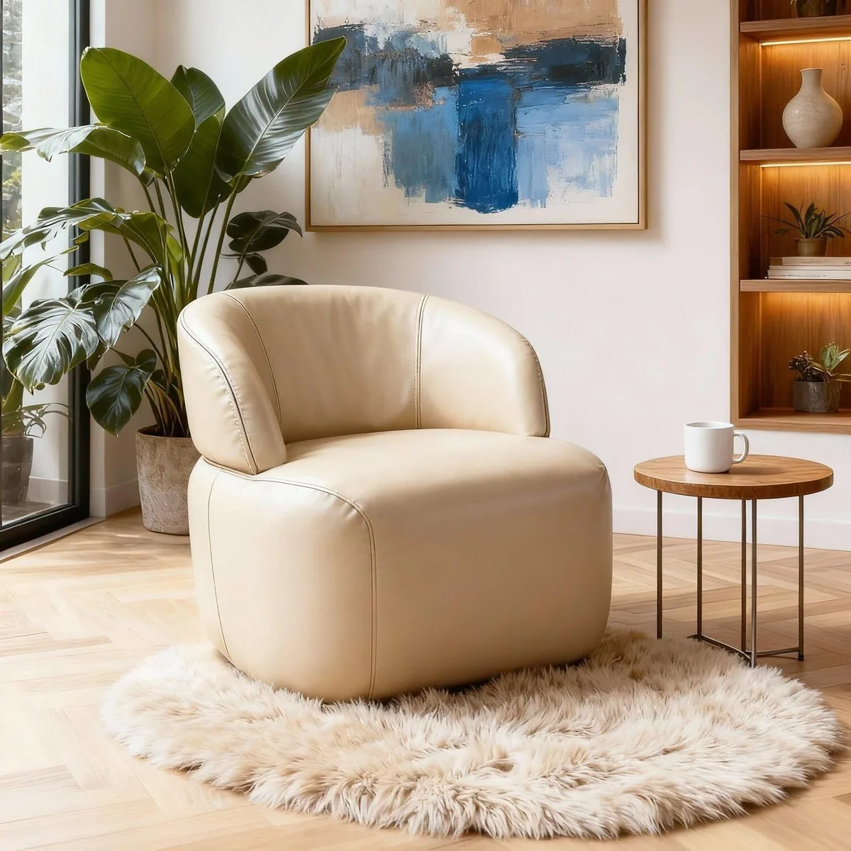 Poltrona giratória em couro off white Luna, com design orgânico e base giratória em aço carbono, ideal para ambientes claros