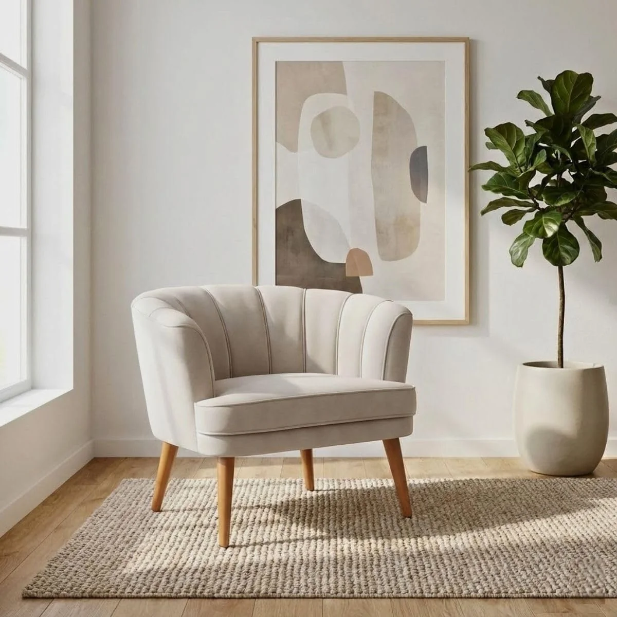 Poltrona decorativa bege com encosto canelado e pés de madeira elevados, ideal para salas pequenas e recepções.