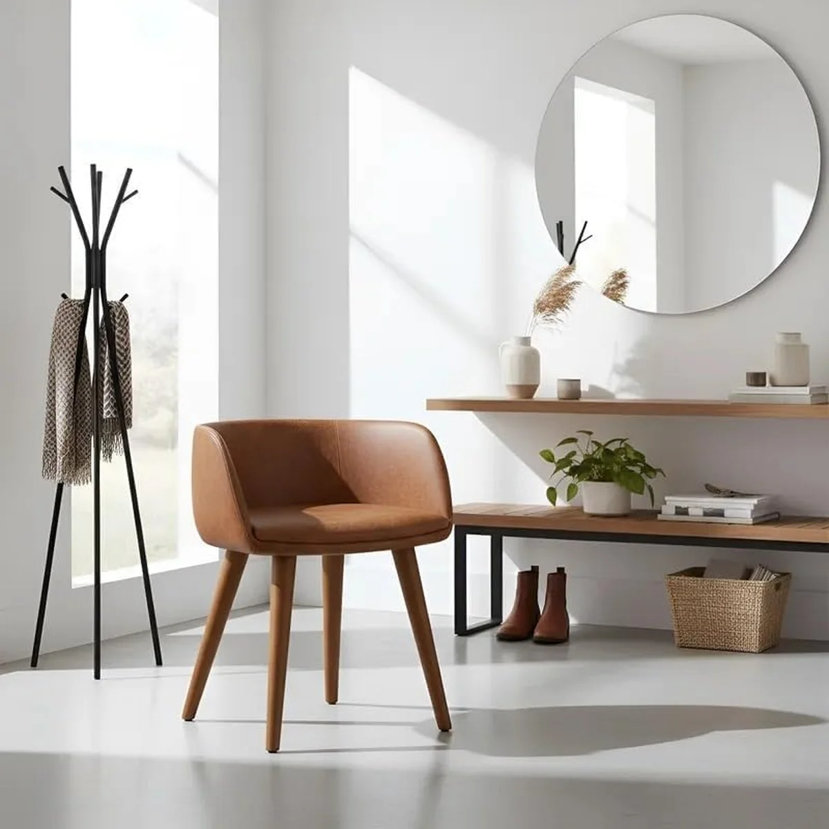 Mini poltrona decorativa marrom em tamanho compacto, ideal para cantos apertados e apartamentos pequenos.